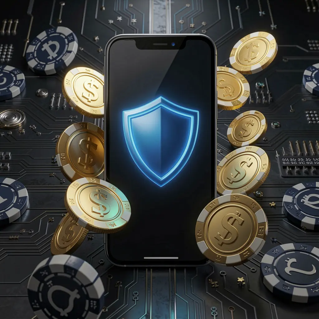 E880 secure mobile casino app concept showing a smartphone with a glowing shield icon surrounded by golden coins and chips against a dark luxury cyber background in a realistic 3D render