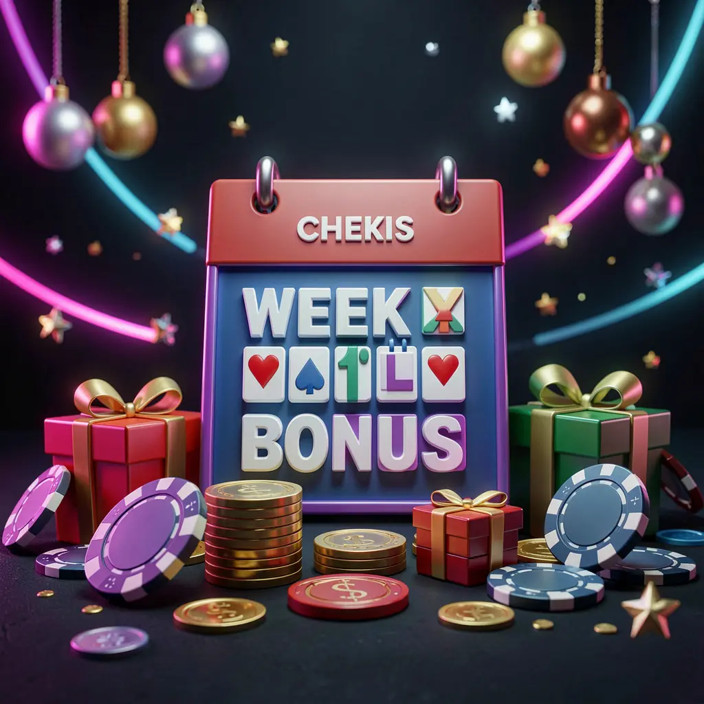 E880 weekly casino bonus concept featuring a calendar icon, gift boxes, coins, and chips on a festive dark background with neon glow in premium 3D style