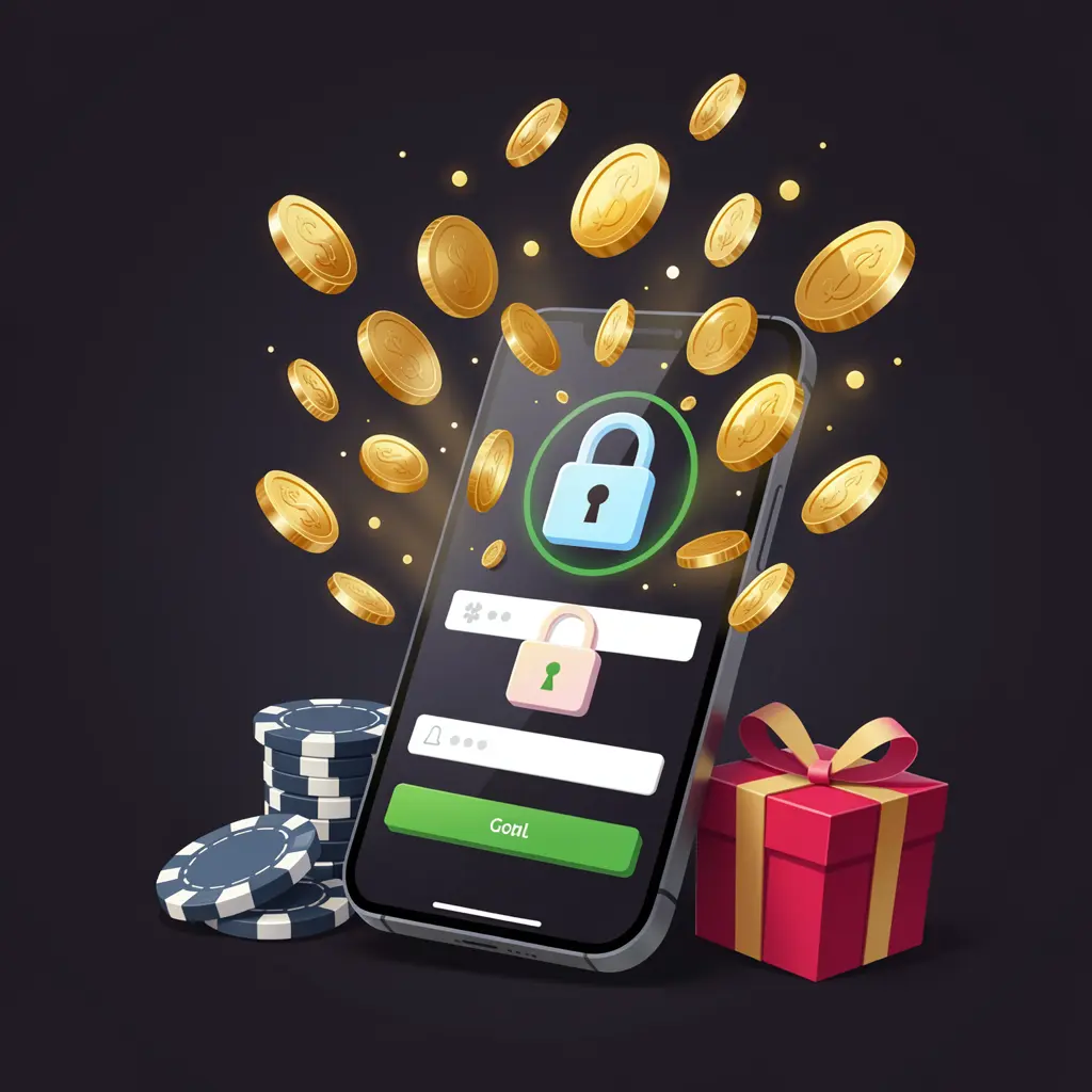 E880 casino user login illustration showing a phone with a secure access icon, golden coins bursting from the screen, poker chips and a gift box nearby on a dark premium background