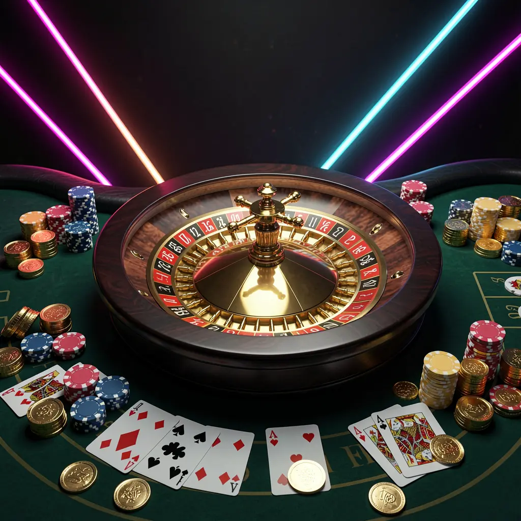 E880 online casino homepage hero banner featuring a luxury casino table with a roulette wheel, poker chips, playing cards, and golden coins against a dark premium background with neon glow in a cinematic 3D render